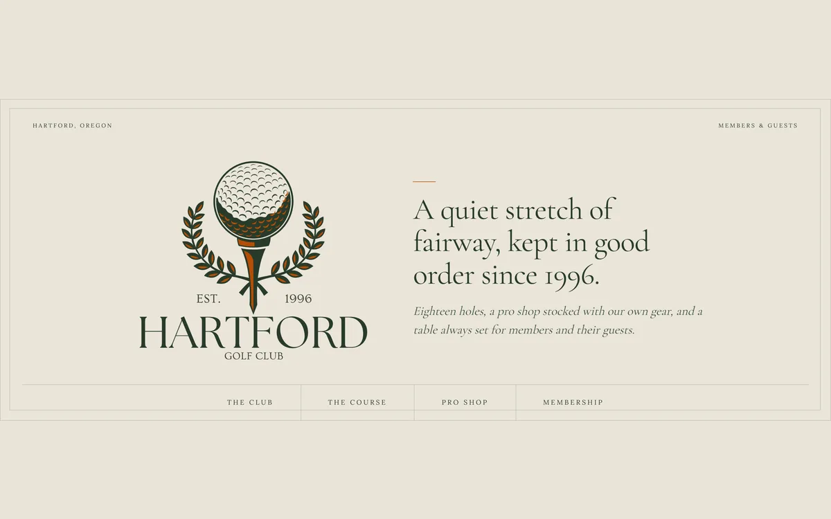 Hartford Golf Club store homepage with a golf-ball crest and the line: A quiet stretch of fairway, kept in good order since 1996