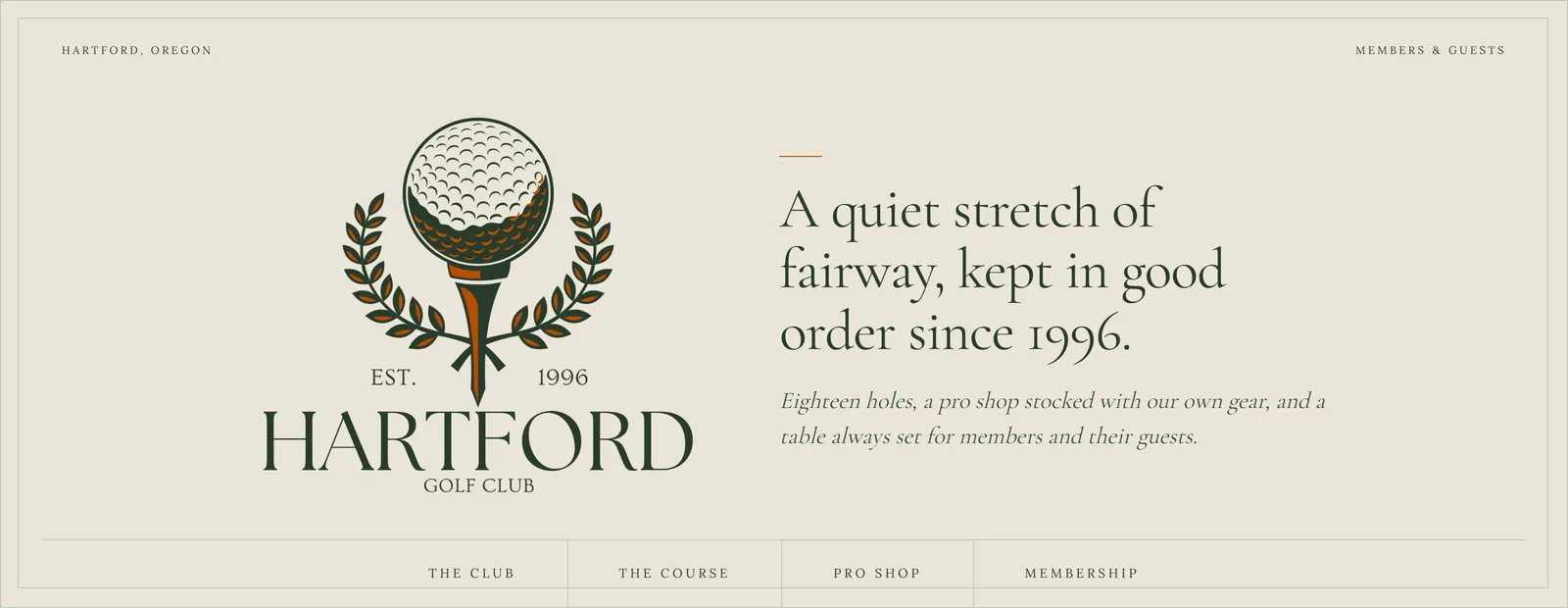 Hartford Golf Club store homepage: the golf-ball crest with laurels beside the line: A quiet stretch of fairway, kept in good order since 1996. Navigation reads The Club, The Course, Pro Shop, Membership