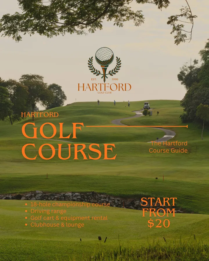 Hartford golf course guide poster over a photo of the fairway, with prices starting from $20