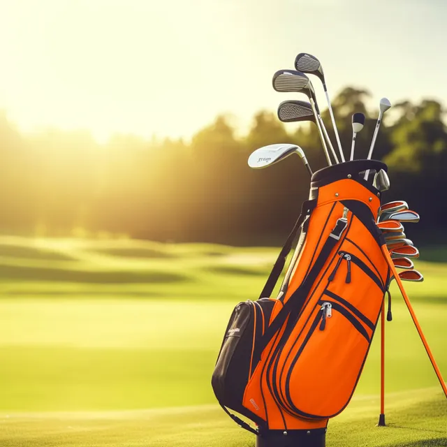 Orange golf stand bag with clubs on a sunlit fairway