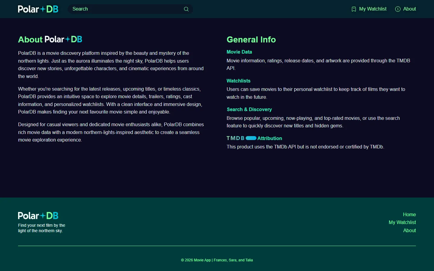 Polar DB About page describing the app, with sections for movie data, watchlists, search and TMDB attribution