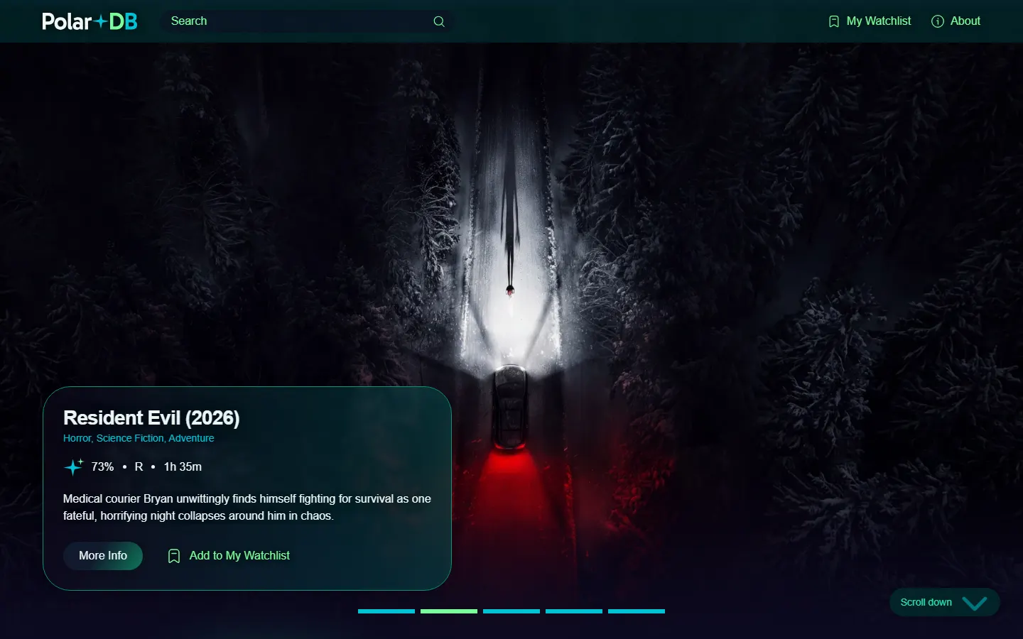 Polar DB home page: a full-width movie backdrop with a featured film card, rating and an Add to My Watchlist button