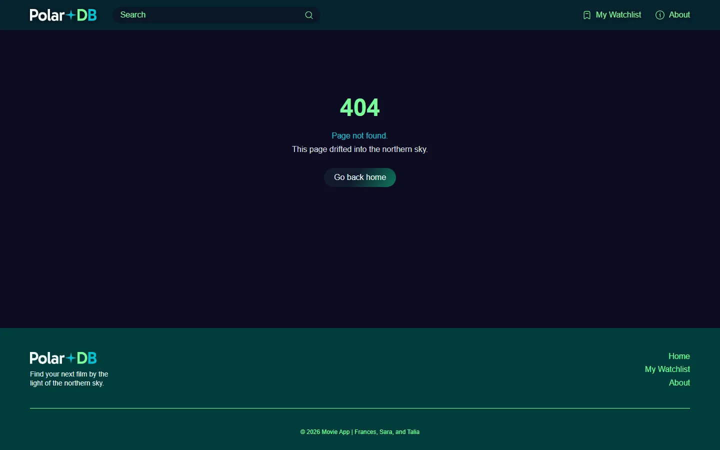 Polar DB 404 page reading: Page not found. This page drifted into the northern sky. With a Go back home button