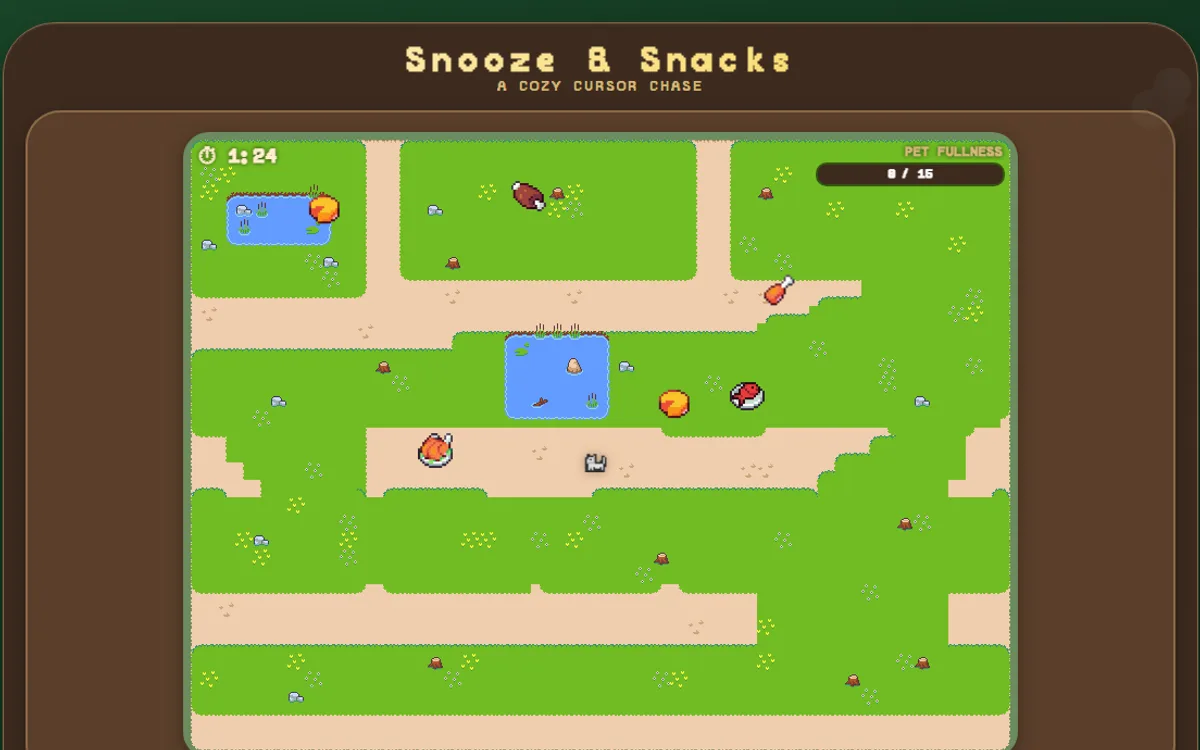 Snooze & Snacks game screen: a pixel-art park map with treats scattered along the paths