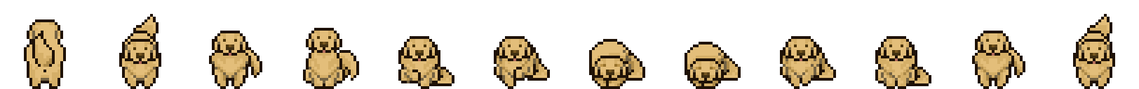 Twelve pixel-art animation frames of a golden dog sitting, then lying down to sleep