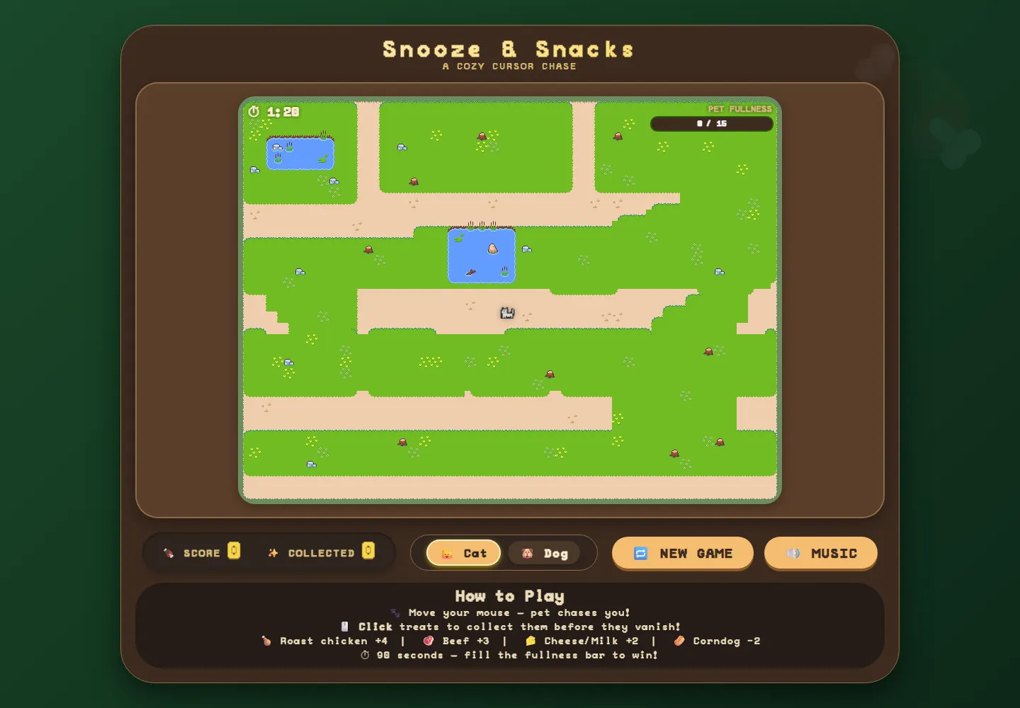 Snooze and Snacks game screen: a pixel-art park with grass, dirt paths and a pond, a countdown timer, a fullness bar, and Cat, Dog, New Game and Music buttons