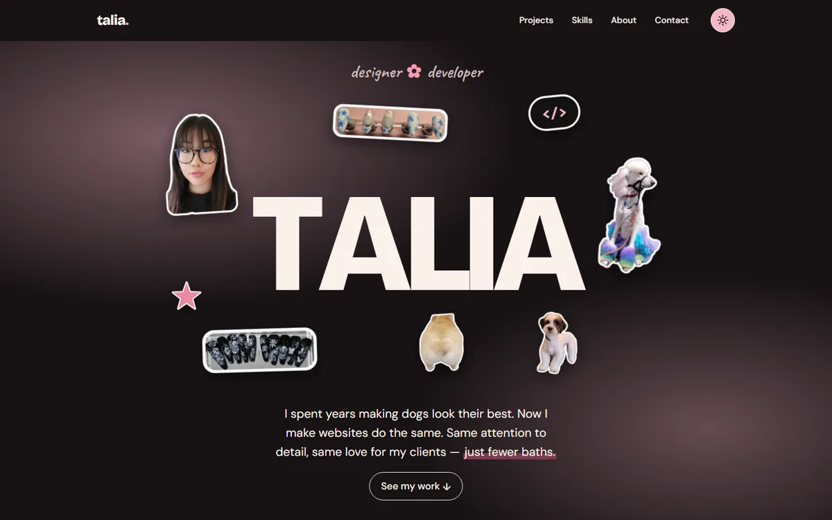 This portfolio's hero in dark mode: the name TALIA surrounded by floating photo stickers