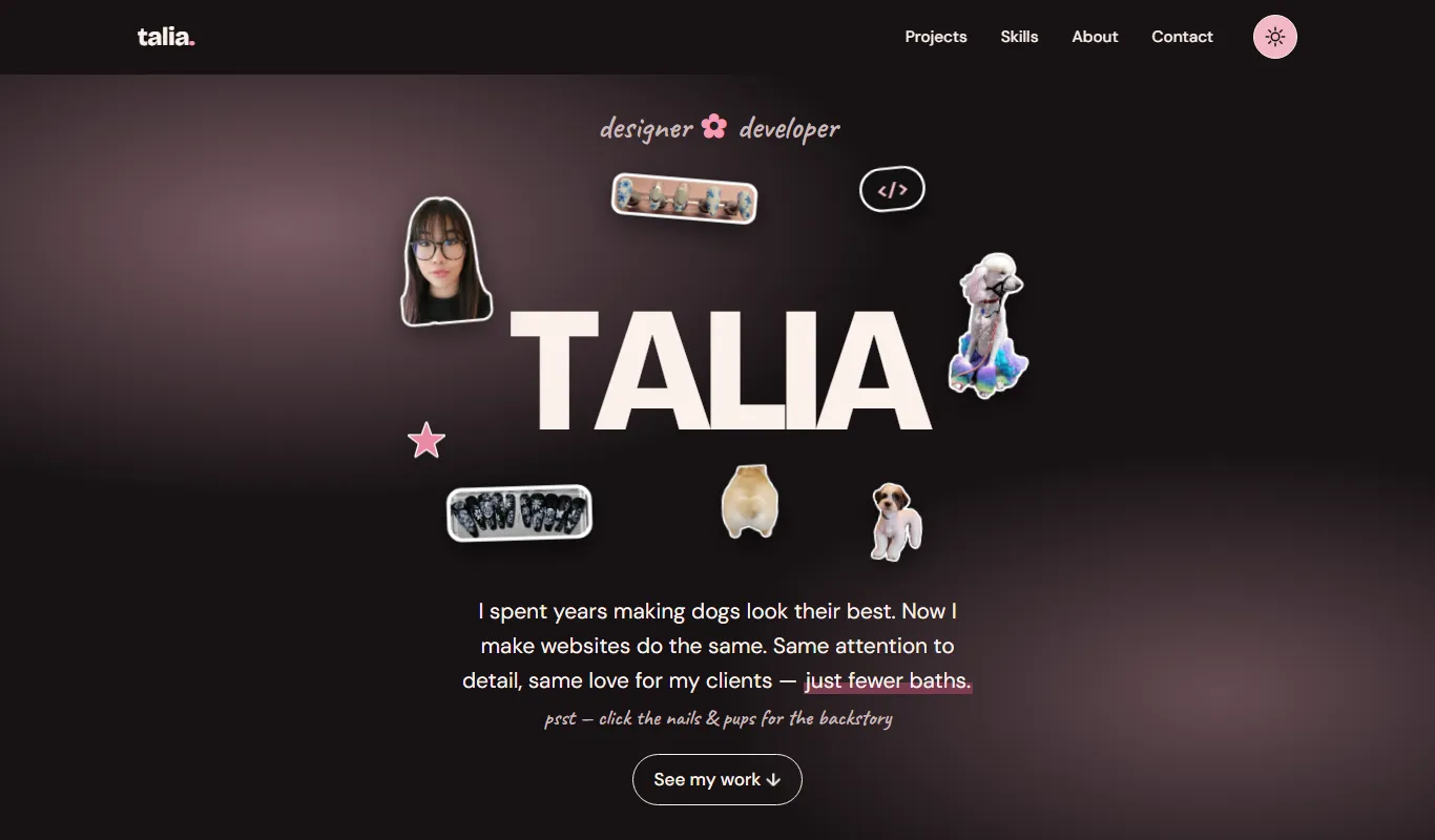 Portfolio home page in dark mode: cream letters and the same photo stickers on a deep plum background