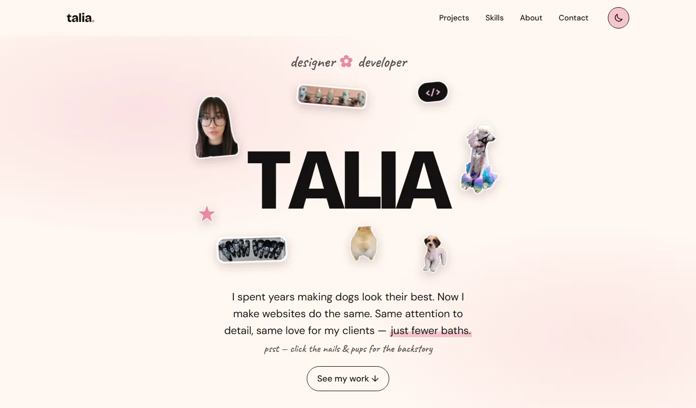 Portfolio home page in light mode: the name TALIA in bold black letters with photo stickers floating around it on a cream background