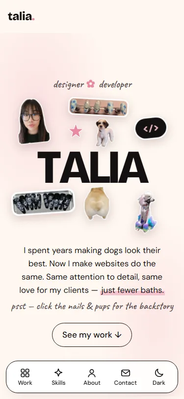 Portfolio home page on a phone: stickers stacked above and below the name, with a navigation bar along the bottom of the screen